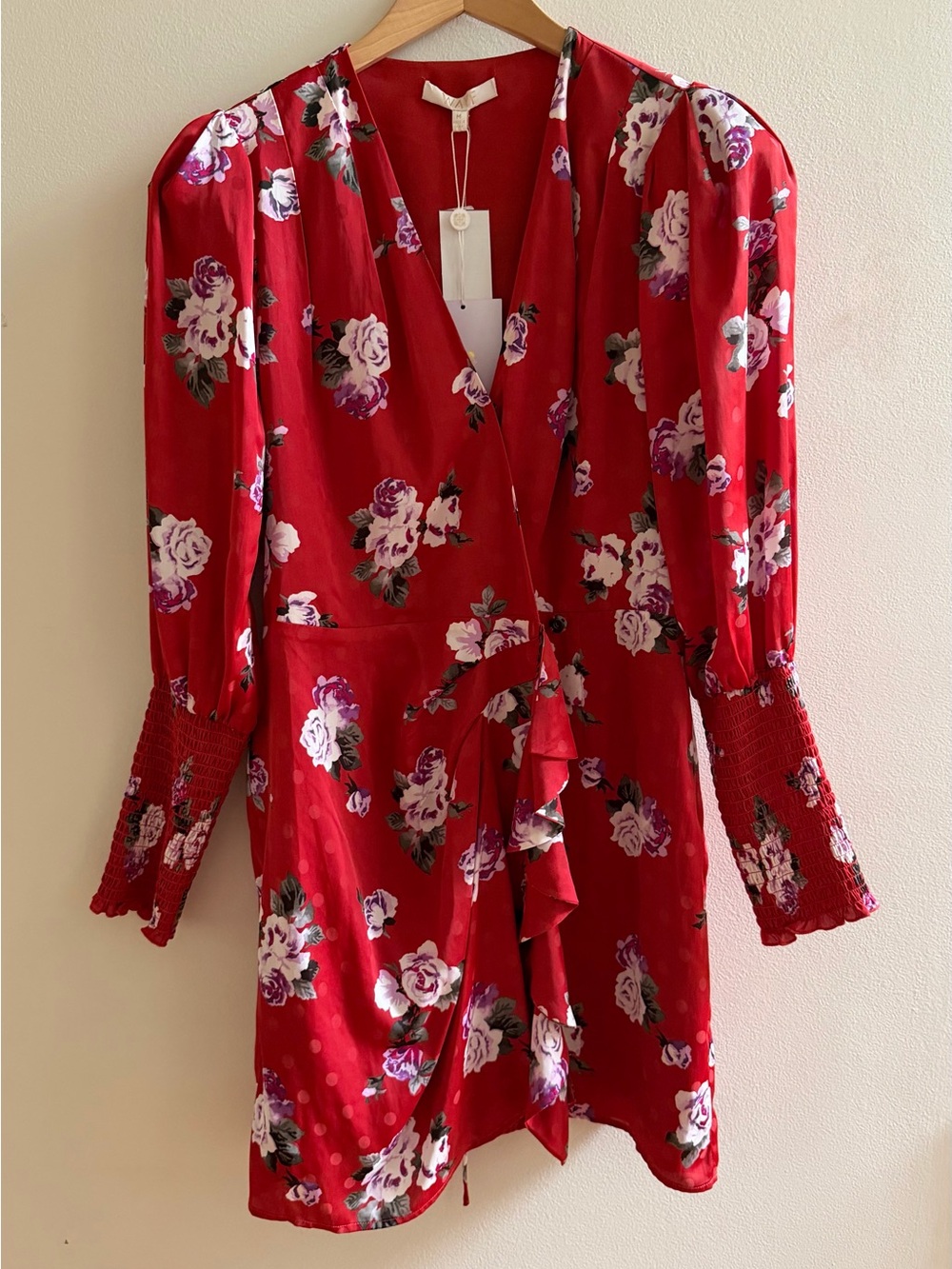 Wayf Red Floral Wrap Mini Dress with Smocked Cuffs